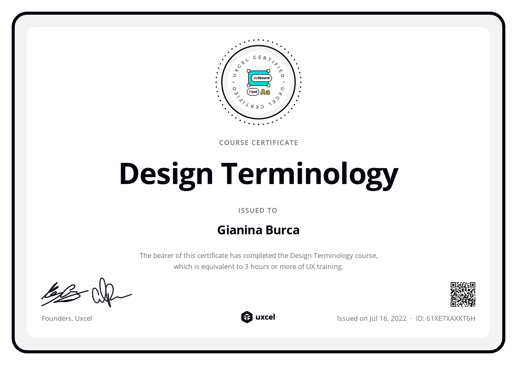 Gianina Burca's certificate